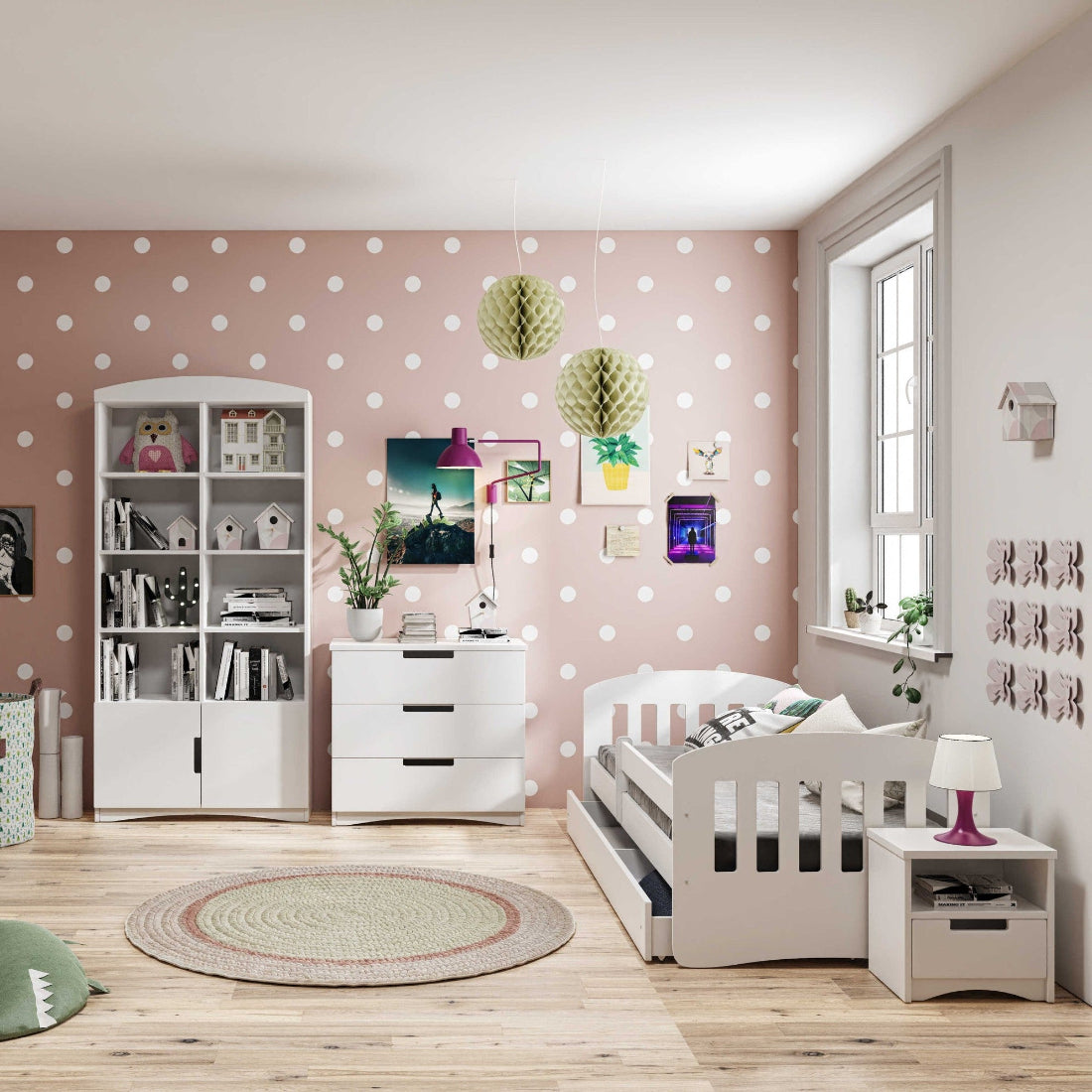 lasten sänky turvalaidalla ja säilytystilalla