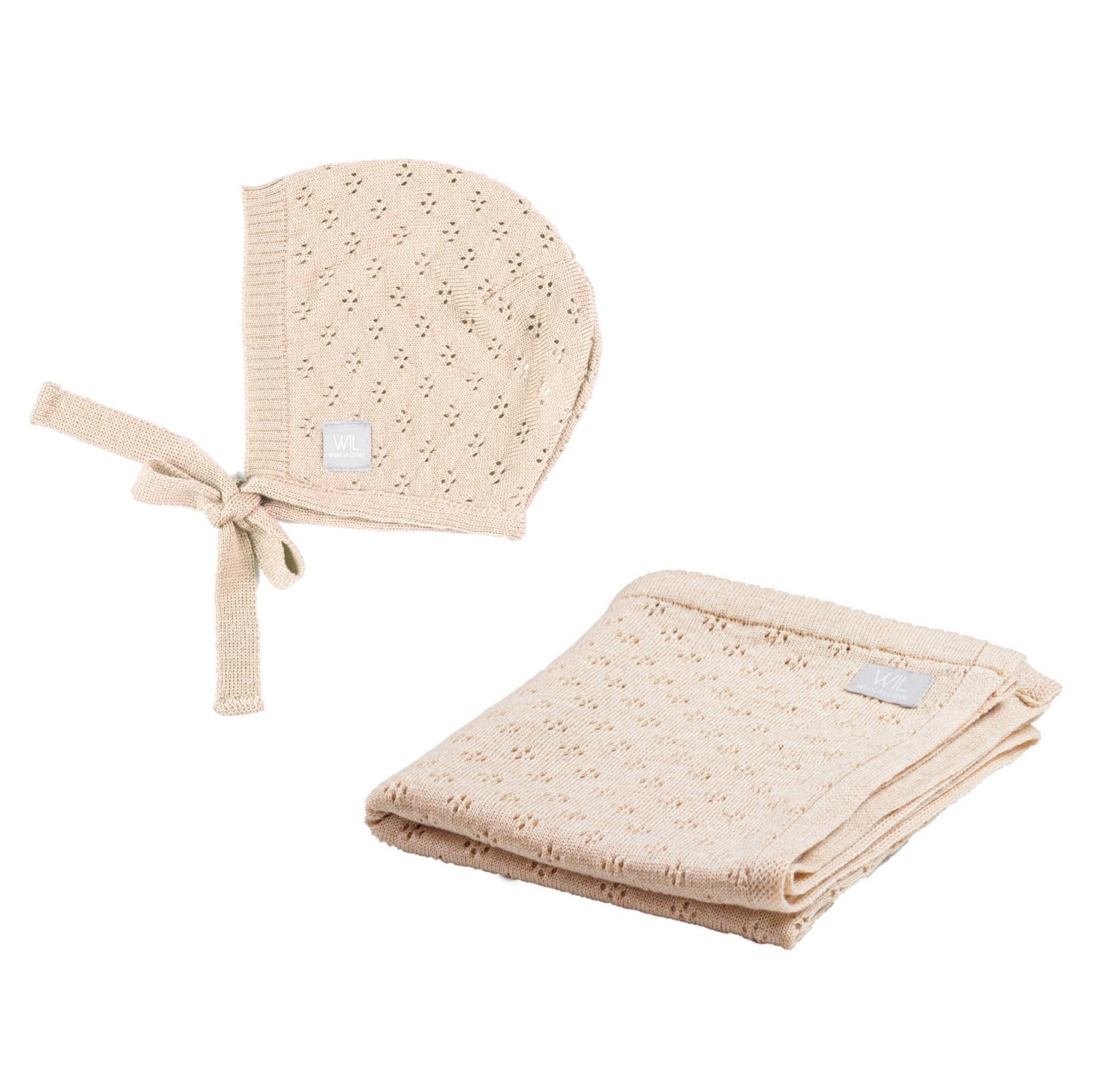 LOVE Vauvan merinovilla lahjasetti, viltti ja bonnet beige