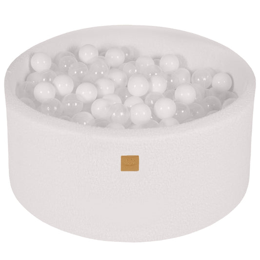 Round Ball Pit with 300 White/Transparent balls, 90x40cm - White Boucle