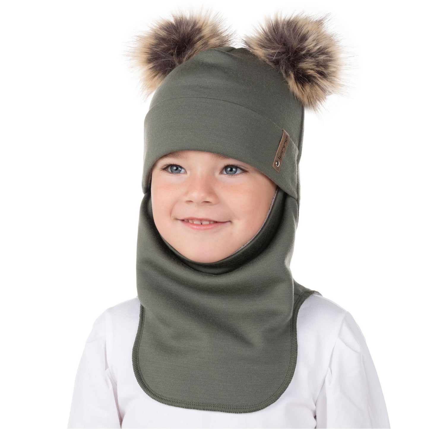 Merinovillainen balaclava lapselle tupsuilla-khaki