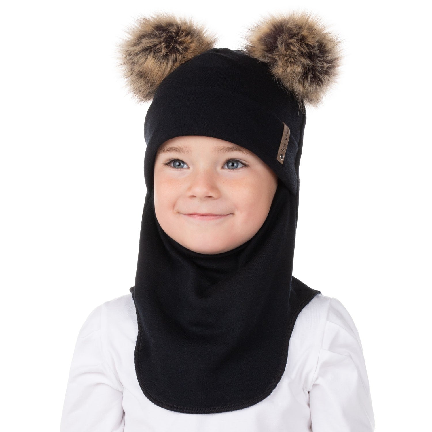 Musta lasten merinovilla balaclava tupsuilla