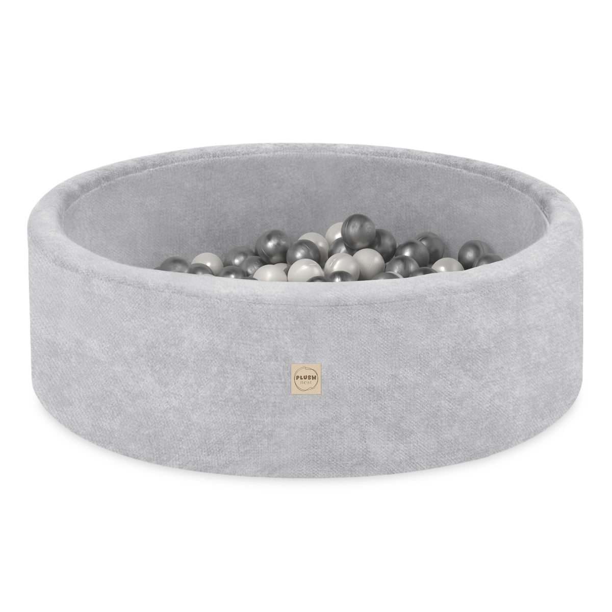 PLUSH NEST Pallomeri, harmaa, premium chenille, 200 palloa: helmi, hopea