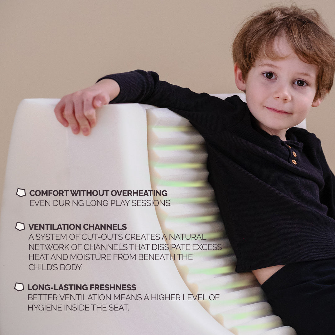 Plush nest Ergonominen lasten nojatuoli beige ominaisuudet 